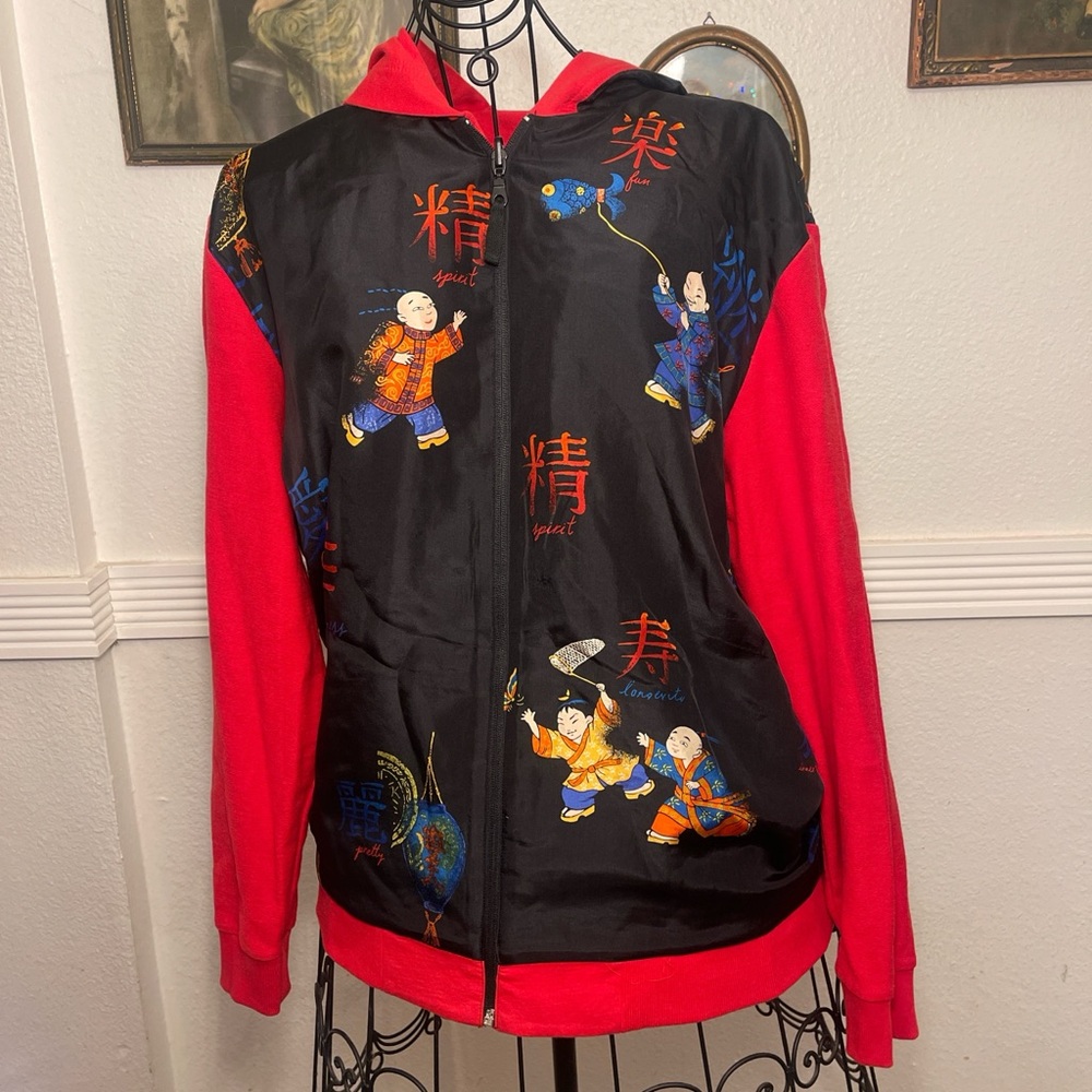 Women’s Reversible Red & Black Hooded Jacket with Asian-Inspired Print